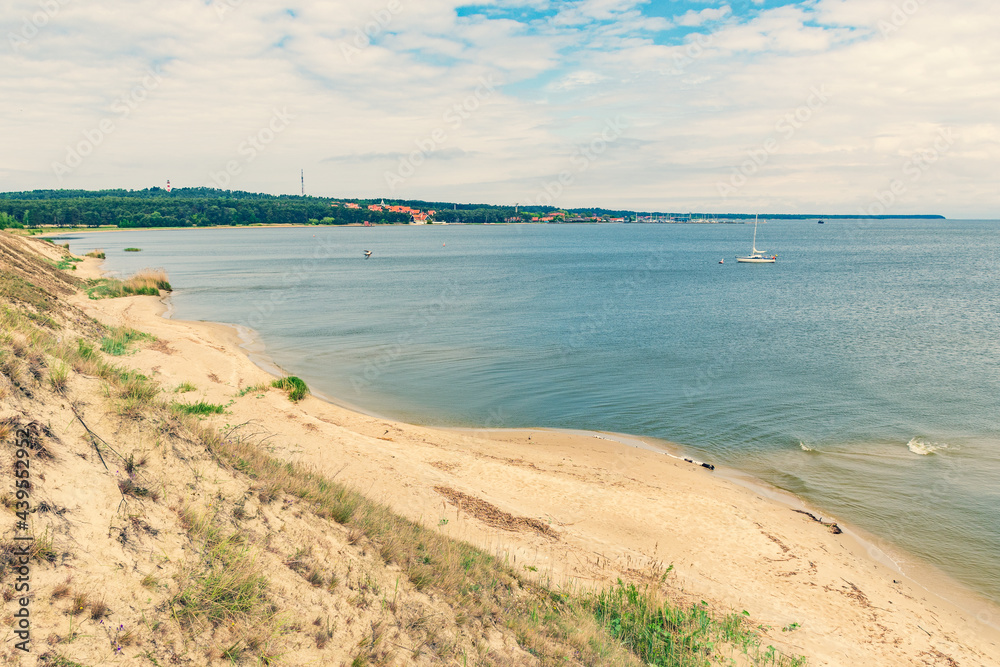 Panoramic view from sand dunes in Nida, Klaipeda, Lithuania, Europe. Curonian Spit and Curonian Lagoon, Nida harbour. Baltic Dunes. Unesco heritage