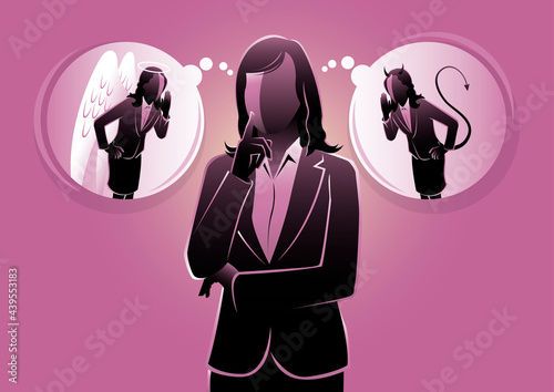 Businesswoman listening to the angel and devil