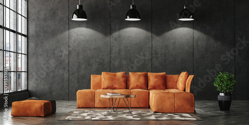 Living room loft in industrial style, 3d render