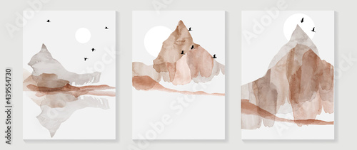 Mountain water color background vector. landscape wall art design with brush texture, sun, birds and cloud. Modern art mural wallpaper. Vector illustration.
