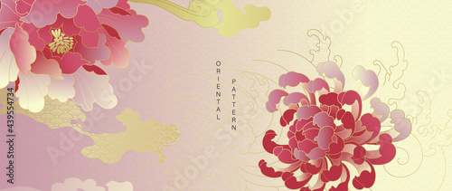 Luxury oriental style background vector. Chinese and Japanese oriental line art with golden texture. Wallpaper design with peony flower and Ocean and wave wall art. Vector illustration.