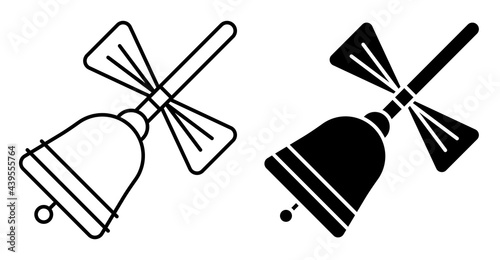 ringing school bell icon with handle and bow. Call to lesson. September 1, beginning of school year. Simple black and white vector