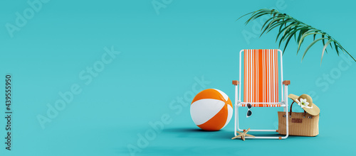 Orange beach chair with summer accessories on turquoise blue background 3D Rendering, 3D Illustration photo