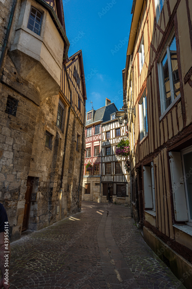 Cityscape from France, old antique buildings, charming half-timbered houses