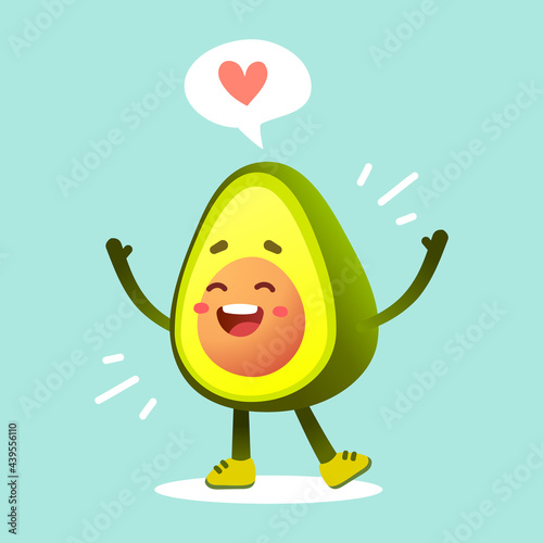 Vector illustration of happy character green and yellow avocado with speech bubble and heart