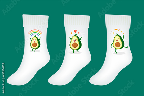 Vector set of illustration of sock with cute happy character green and yellow avocado in different pose on white color background