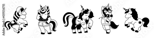 Vector set of illustration of beautiful black and white unicorn in different pose with horn and mane on white color background