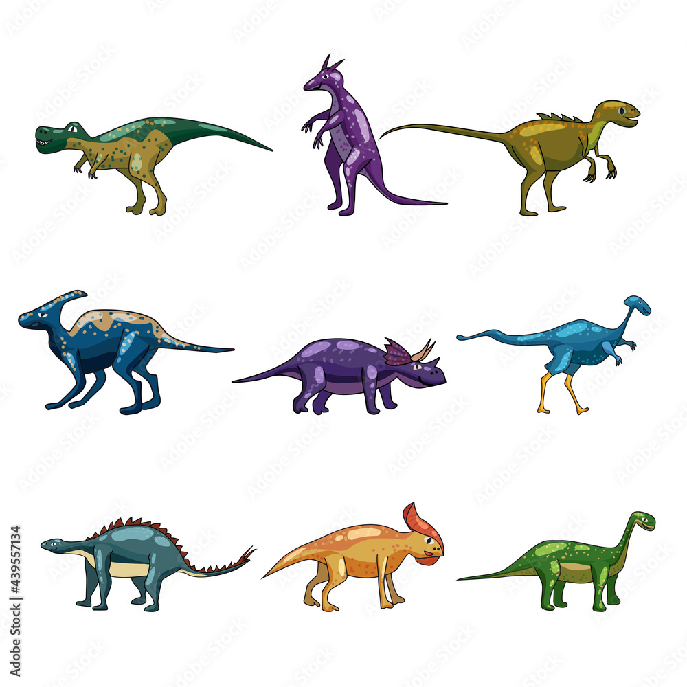 Set funny prehistoric dinosaurus Tyrannosaurus, Triceratops, Stegosaurus, Brontosaurus. Collection ancient wild monsters reptiles cartoon style. Vector isolated