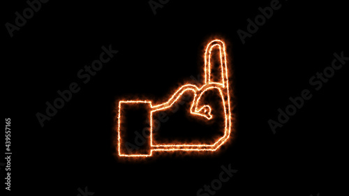 Fuck you, rude sign, fuck off, provocation gesture hot firelight glowing on black background. Symbol obscene fuck you by fire lights. Royalty high-quality free stock of hand, middle finger photo