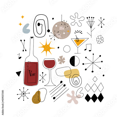 Vector set of clip art in mid century modern style, doodle icons isolated on white background. Abstract shapes and forms and martini, wine glass and bottle