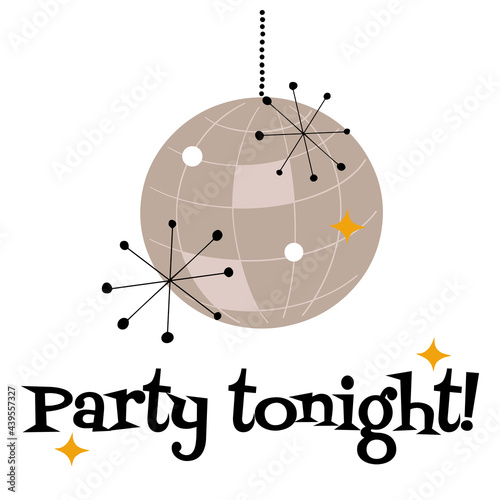 Party tonight text with sparkling disco ball in mid century modern style vector illustration