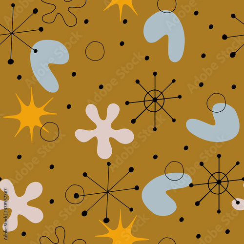 Seamless pattern with mid century modern shapes and abstract atoms