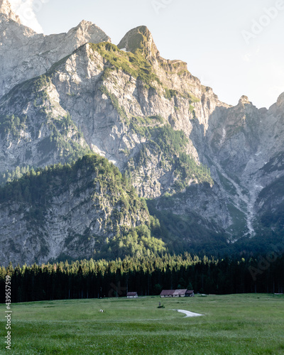Alpine landscape. Panoramic view of idyllic mountain scenery in the Alps with traditional mountain chalet and fresh green mountain pastures with blooming flowers on a sunset