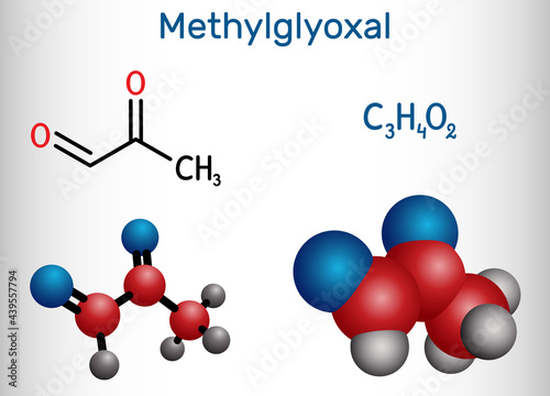 Methylglyoxal, MGO, pyruvaldehyde, pyruvic aldehyde molecule. It is used as flavoring agent, and in tanning. Structural chemical formula, molecule model
