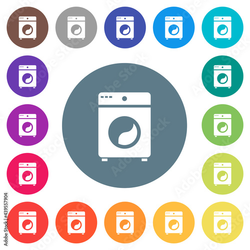 Washing machine flat white icons on round color backgrounds