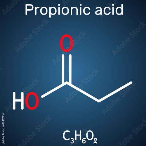 Propanoic acid, propionic acid molecule. It is short-chain saturated fatty acid, antifungal drug, antimicrobial agent E280. Structural chemical formula on the dark blue background. Vector illustration