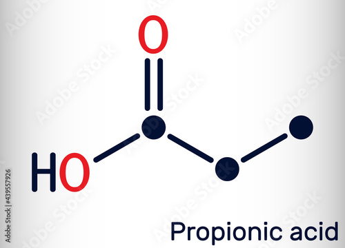 Propanoic acid, propionic acid molecule. It is short-chain saturated fatty acid, antifungal drug, antimicrobial agent E280. Skeletal chemical formula