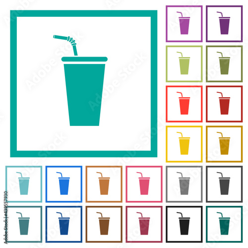 Disposable drinking cup with straw flat color icons with quadrant frames