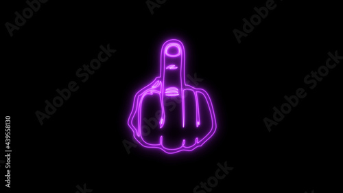 Fuck you, fuck off, provocation gesture neon sign fluorescent light glowing on black background. Symbol obscene fuck you by neon lights.  Royalty high-quality free stock of hand, middle finger photo