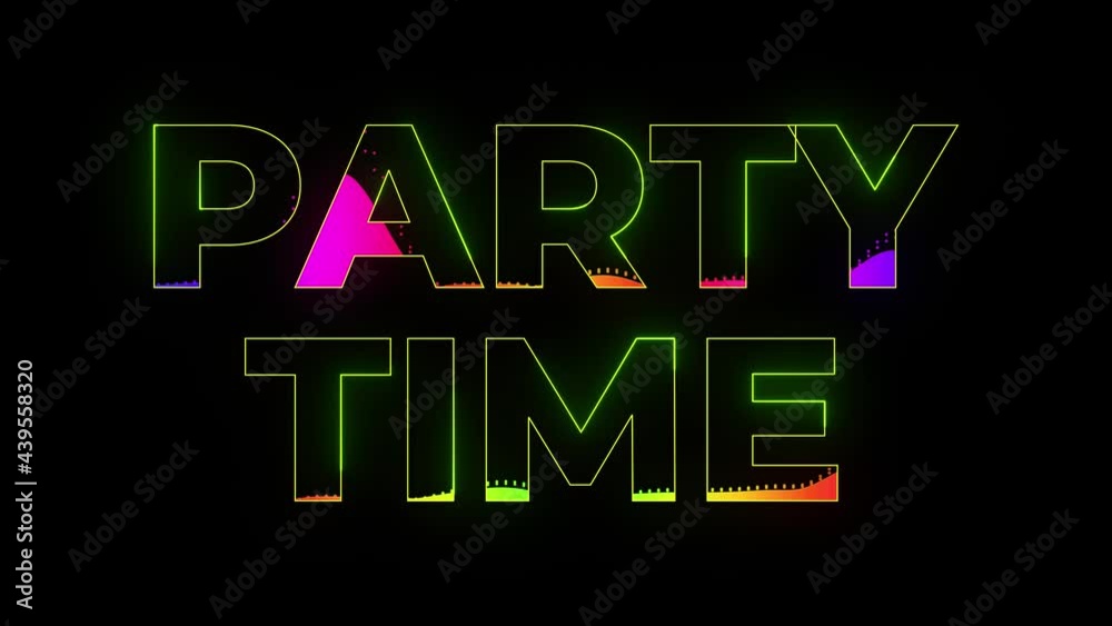 Dance party in 80s style. Party time text animation. Glowing neon lights. Retrowave and synthwave style. Intro text. Vj animation for night clubs, LED screens and projectors, music videos