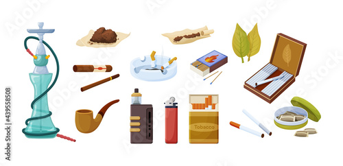 Collection tobacco products. Set of different things and accessories for smoking vector illustration photo