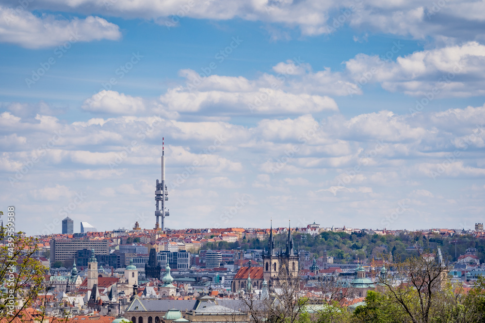 Prague cityscape from Prague castle overlooking the Old town and Zizkov tower in the back