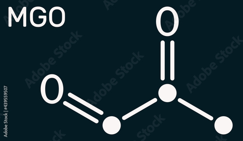 Methylglyoxal, MGO, pyruvaldehyde, pyruvic aldehyde molecule. It is used as flavoring agent, and in tanning. Skeletal chemical formula on the dark blue background photo