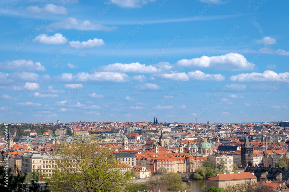 Prague cityscape - shot taken from Prague castle overlooking part of Charles Bridge and Old Town and New Town