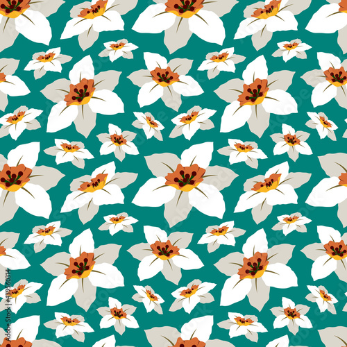 Daffodil flower floral seamless pattern on blue background