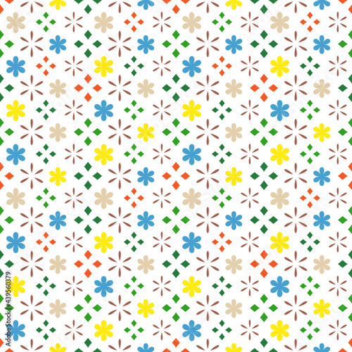 Cute seamless pattern vector colorful illustration geometric figures and flowers on white background