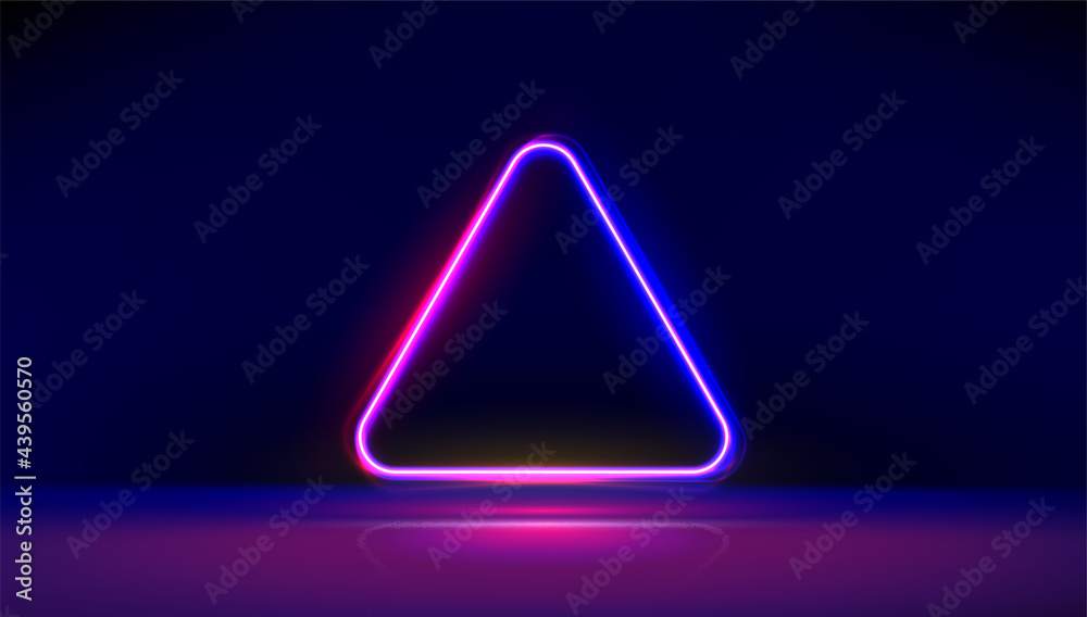 Round corner neon glowing triangle with reflections on the floor. Modern neon lights psychedelic background with place for text. Illustration. Round corner neon glowing triangle with reflections on the floor. Modern neon lights psychedelic background with place for text. Illustration.