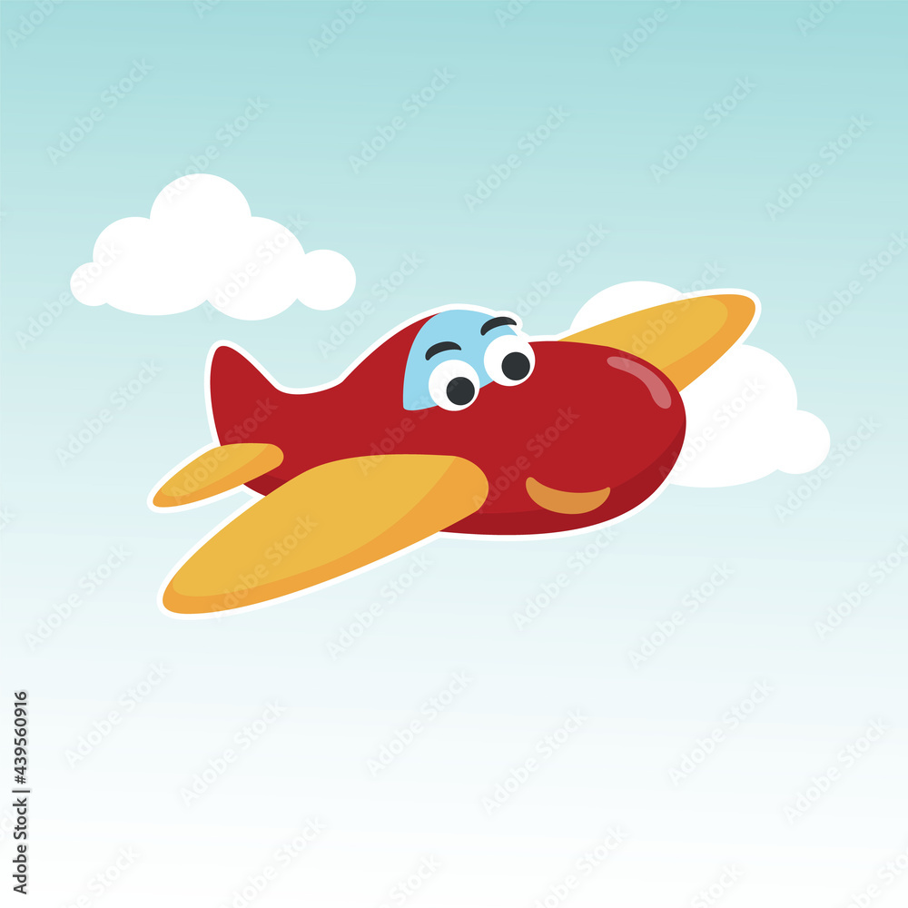 Funny cute airplane is flying in the air. Cartoon hand drawn vector ...