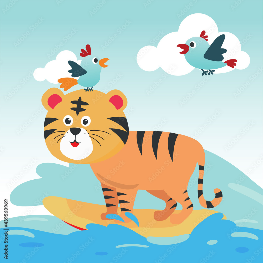 Surfing time with cute tiger at summer. Can be used for t-shirt printing, children wear fashion designs, baby shower invitation cards and other decoration. Surfing time with cute tiger at summer. Can be used for t-shirt printing, children wear fashion designs, baby shower invitation cards and other decoration.