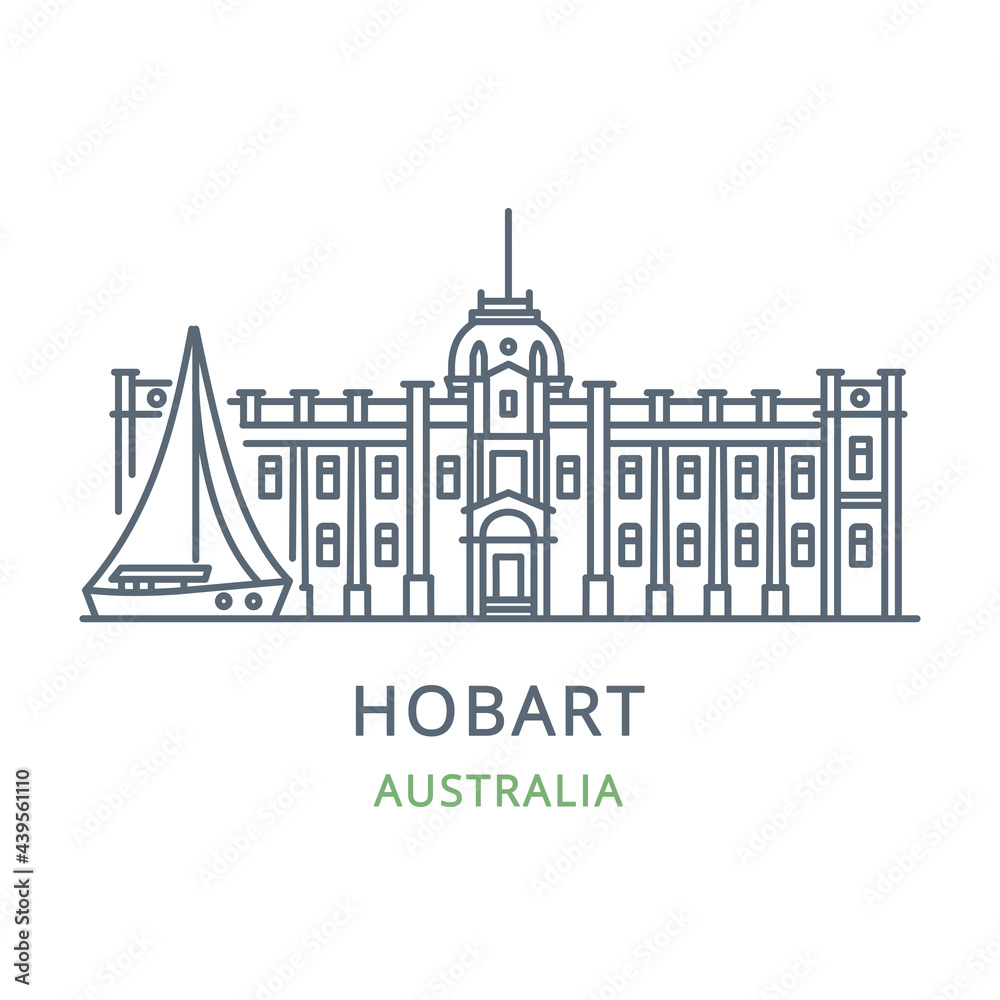 Hobart city, Australia. Line icon of the famous and largest city in Tasmania. Outline icon for web, mobile, and infographics. Landmark and famous building. Vector illustration, white isolated.