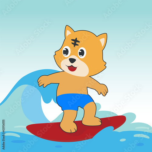 Surfing time with cute little cat at summer. Can be used for t-shirt printing, children wear fashion designs, baby shower invitation cards and other decoration.