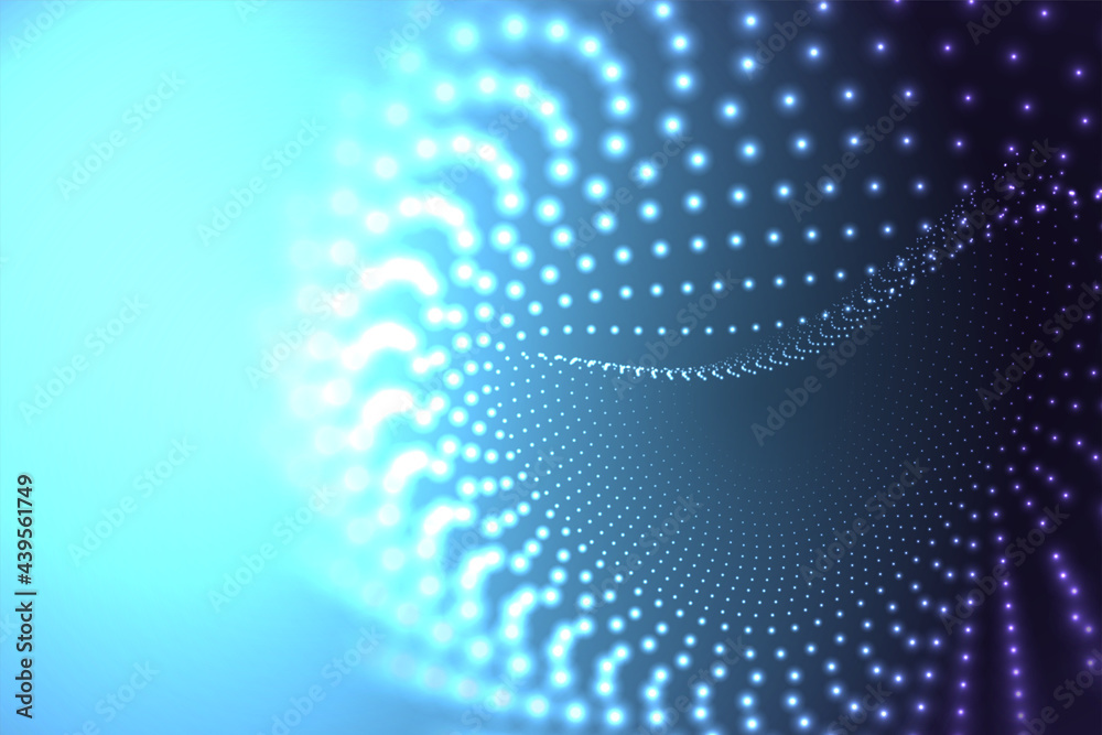 Obraz premium Abstract dots cover. Dynamic abstract liquid flow particles with depth of field effect. Futuristic dynamic wave moving in space.