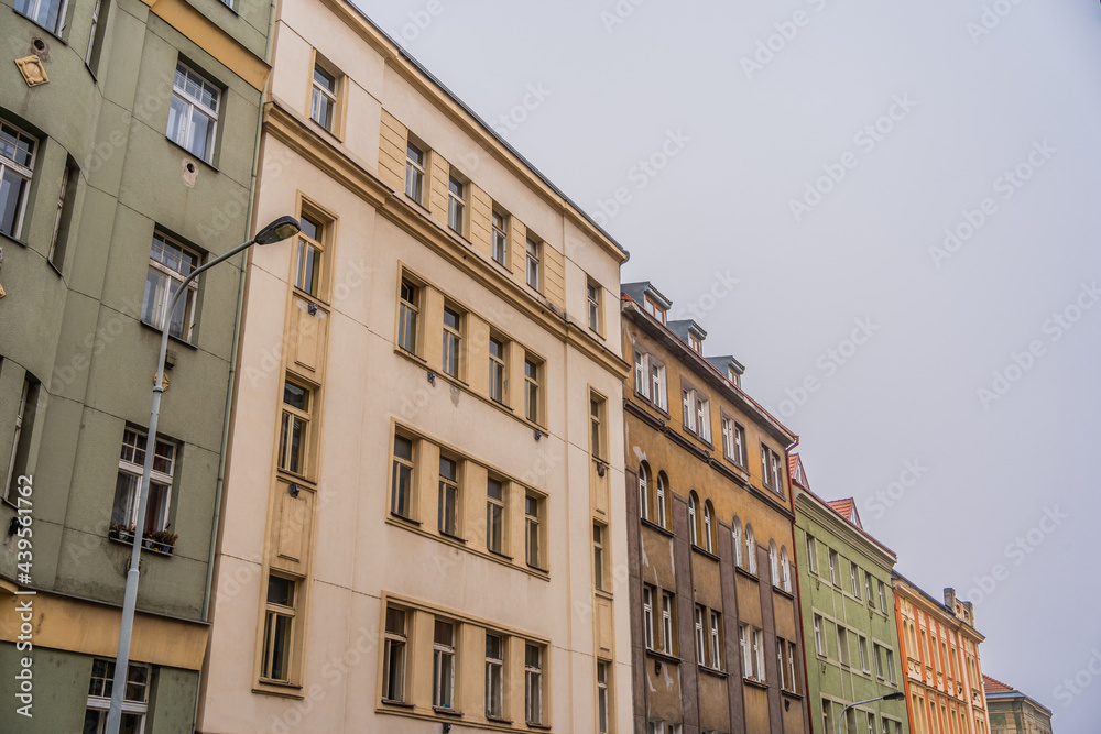 Fototapeta premium Row of old apartments buildings - late 19th and early 20th century - on Krasova street in the district of Zizkov, Prague, Czechia