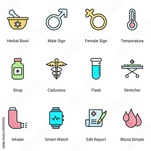 Thin pixel perfect color line icons, of hospital and healthcare professionals and medical equipment. Simple symbols for app development and website design. Pack of vector line editable stroke icons.