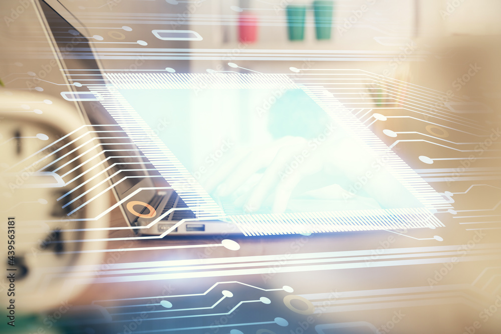Double exposure of woman hands working on computer and data theme hologram drawing. Tech concept. Double exposure of woman hands working on computer and data theme hologram drawing. Tech concept.