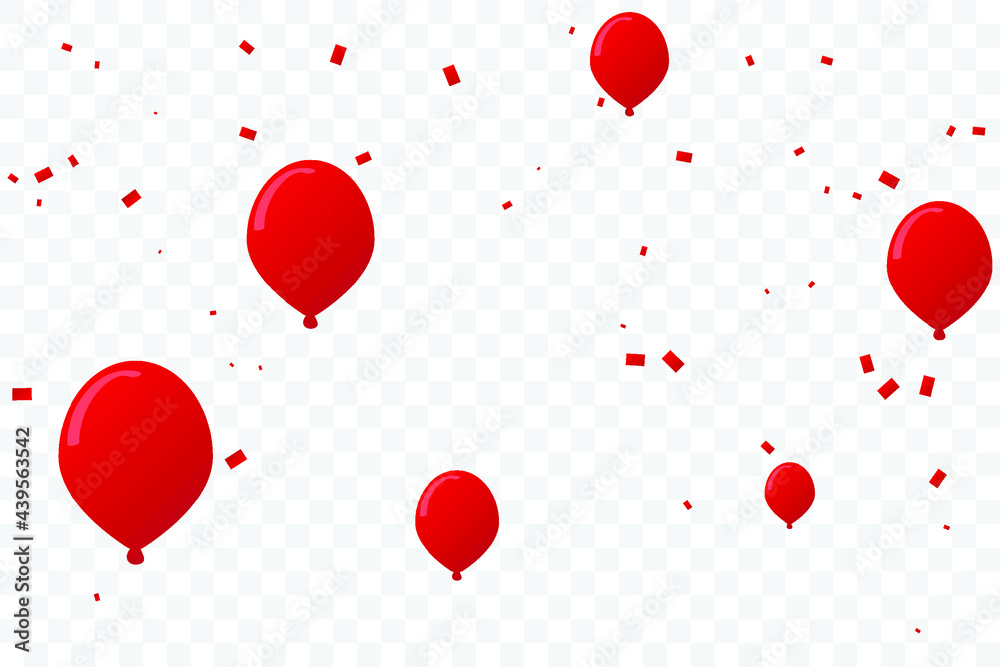 Red Confetti With Balloon Isolated On Transparent Background. Celebration And Birthday Party. Vector