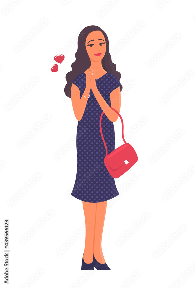 Illustration of a pretty young woman in love with a white background. Dressed in a dress, in a handbag. Nearby there are hearts in love. Vector cartoon romantic illustration. Illustration of a pretty young woman in love with a white background. Dressed in a dress, in a handbag. Nearby there are hearts in love. Vector cartoon romantic illustration.
