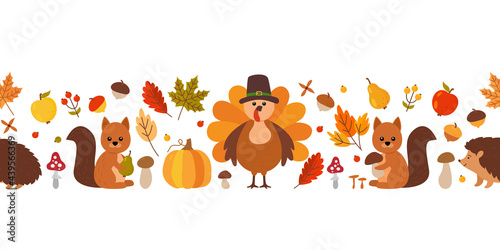 Thanksgiving seamless pattern border. Fall leaves, squirrel, hedgehog, acorns, berries, turkey in a hat, pumpkin, apples, pears, porcini mushroom.
