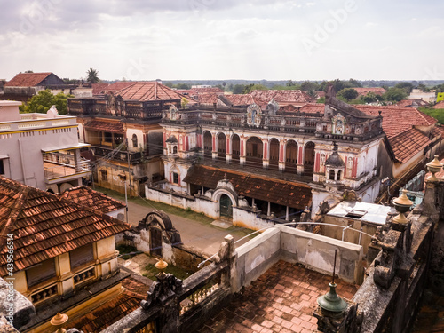 Kanadukathan, Tamil Nadu, India - January 2017: Aerial view of the beautiful mansions in the village of Kanadukathan in Chettinad.