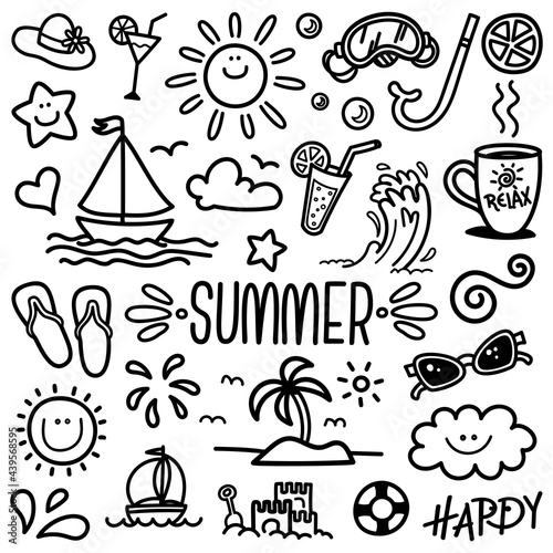 Vacation doodle. Hand drawn summer icon set. Cute cartoon drawing. Coloring page. Vector print illustration