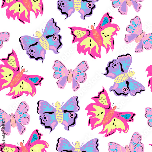 Seamless pattern with butterflies in different shades of pink and purple.