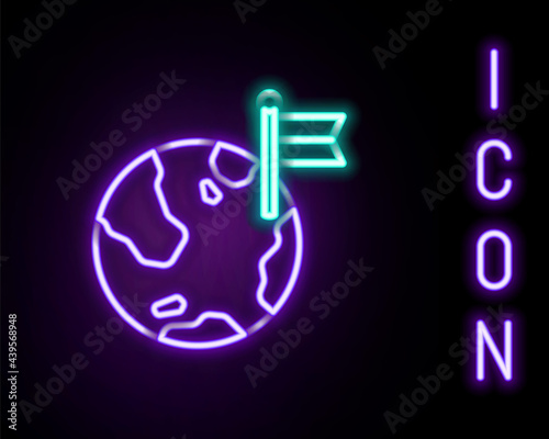 Glowing neon line Planet with flag icon isolated on black background. Victory, winning and conquer adversity concept. Colorful outline concept. Vector