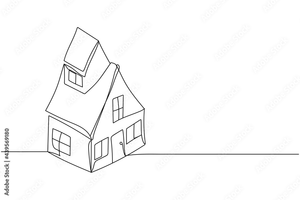 Continuous one line of house building construction in silhouette on a white background. Linear stylized.Minimalist.