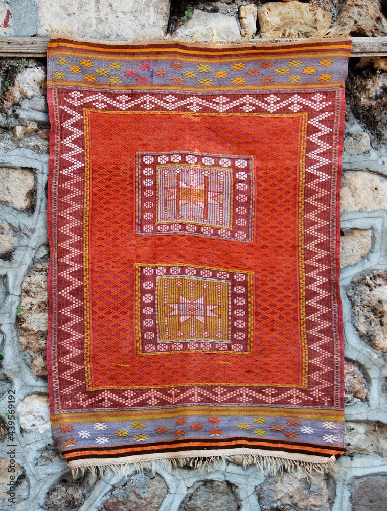 Antalya, Turkey, May 17, 2021. Old Turkish carpets with oriental ornaments
