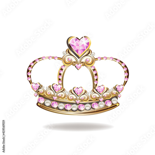 Princess crown or tiara with pearls and pink gems in the shape of a heart vector illustration isolated on white background.