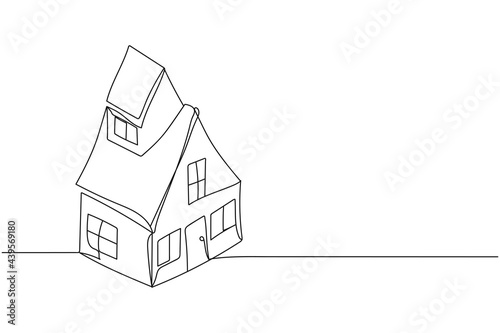 Continuous one line of house building construction in silhouette on a white background. Linear stylized.Minimalist.